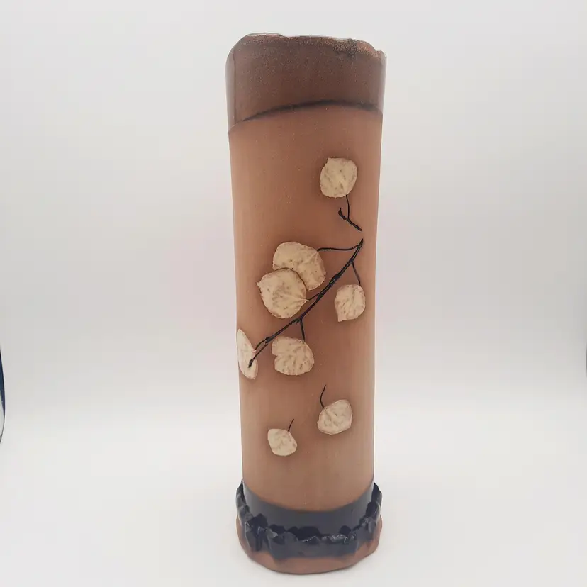 Linda Meyer Signed Pottery Stoneware Pressed Leaf Aspen Leaf Tall Vase