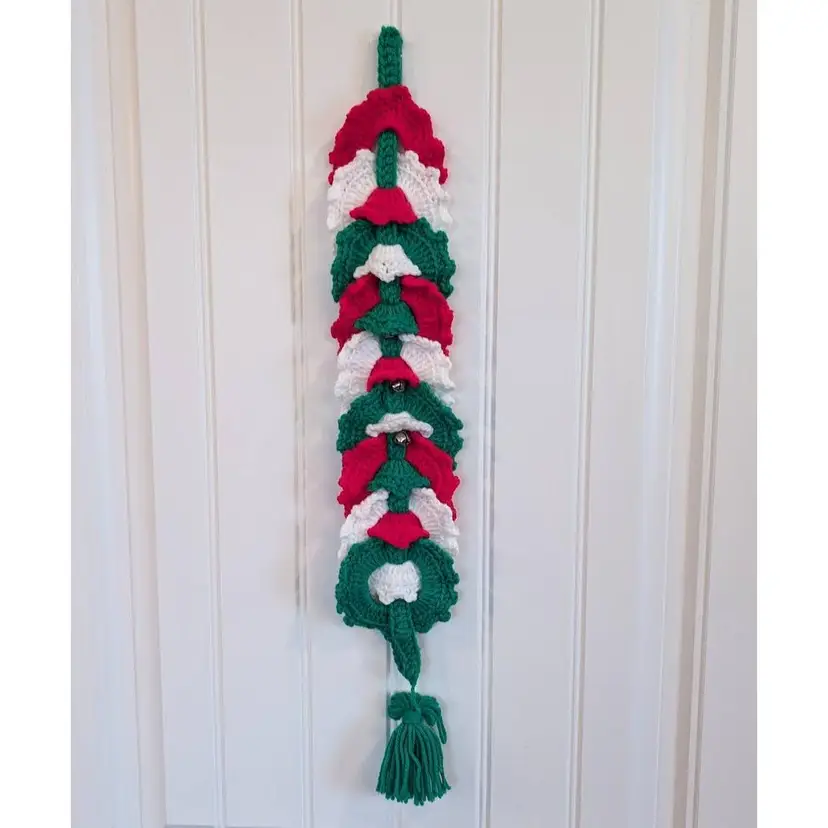 Vintage Handmade Crochet Door Hanger Wreaths Sleigh Bells 25.5" Christmas Décor