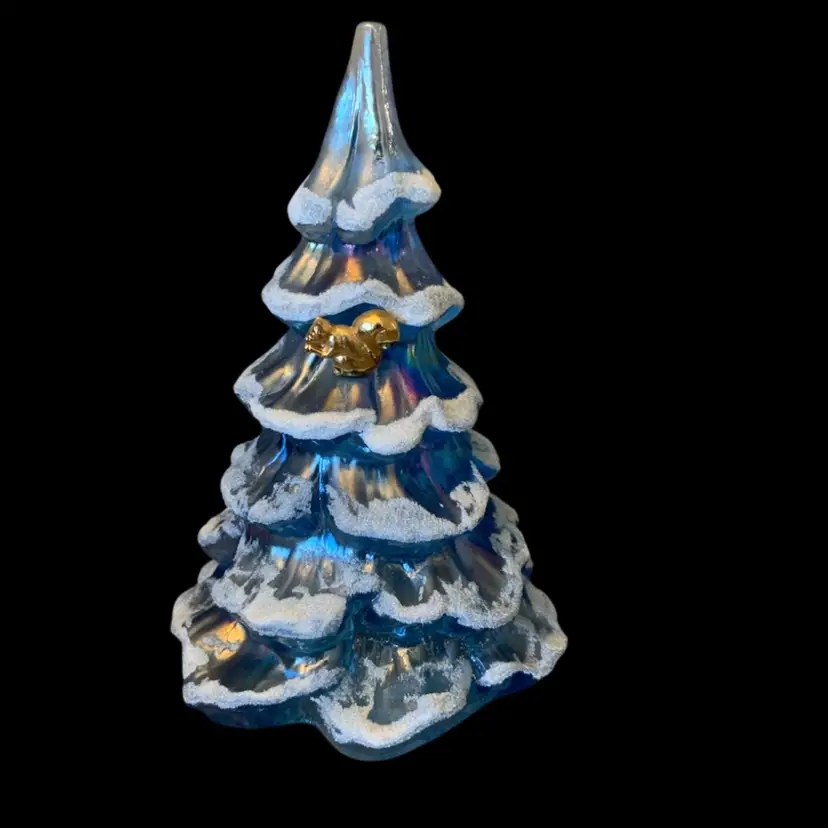 Fenton Blue Frosted Christmas Tree W/Gold Squirrel 4 1/4 X 6 Inches