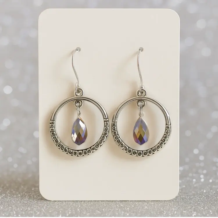Silver Tone Hoop Drop Earrings Iridescent Crystal Teardrop Dangle