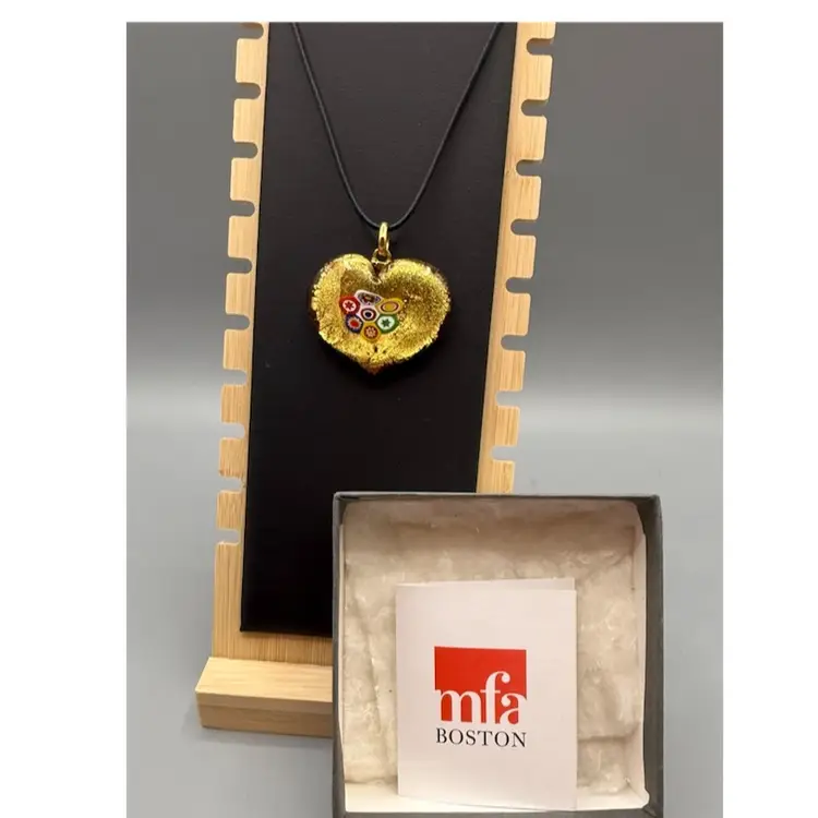 MFA Boston Murano Glass Heart Pendant Necklace – Millefiori & Gold Leaf – NIB