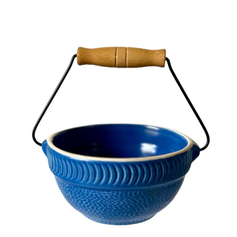 Tender Heart Treasures Blue Ceramic Bowl with Metal & Wood Handle Farmhouse Country Core 1999 Berry Bowl/ Air Plant(s)
6”  T W/Handle x  5” W Bowl Interior