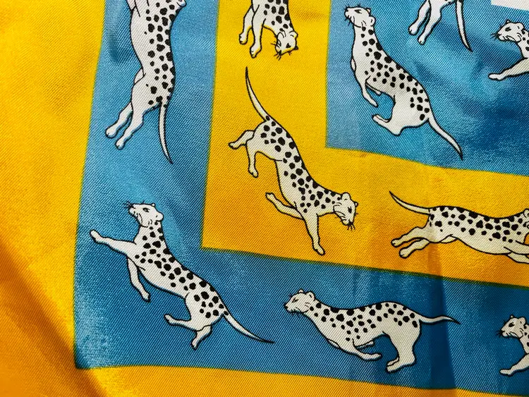 Vintage Blue, Yellow, Black, White Running Wildcat Silky Scarf, 22@x22”