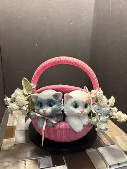 Vintage One Of A Kind hobbyist kittens in a basket flower n bows