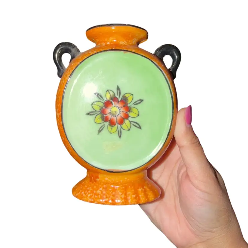 Lusterware Japanese Hand-painted Art Deco Floral Amphora Style Flask Ceramic Vase