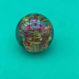 Vintage Clear Glass w/ Red & Yellow Swirl Pattern Round Paperweight - 2" Tall