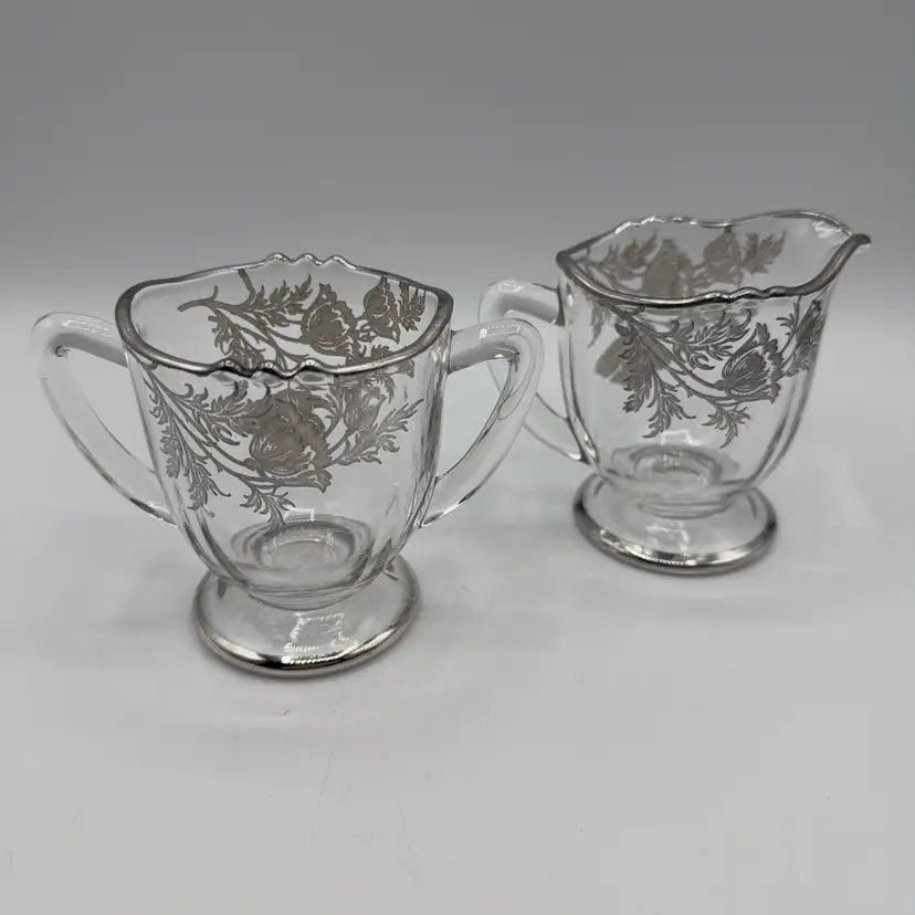 Flanders By Silver City Glass Clear Cream And Sugar Poppy Silver Overlay