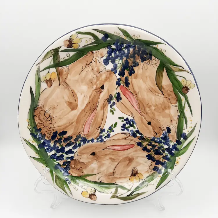 Connie Carlisle Art Pottery Signed Bunny Rabbit Plate Plaid Back