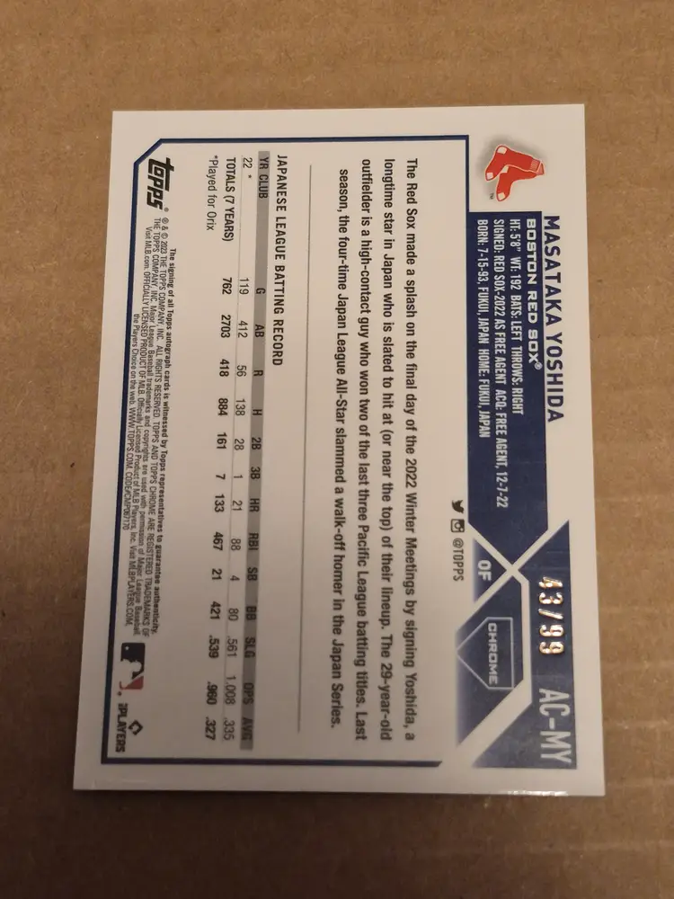 Masataka Yoshida (RC) 2023 Topps Chrome Update Green Refractor Auto /99 #AC-MY Red Sox