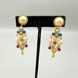 Vintage Liz Claiborne Clip On Earrings LCI Dangle Faux Pearl Bead Gold Tone