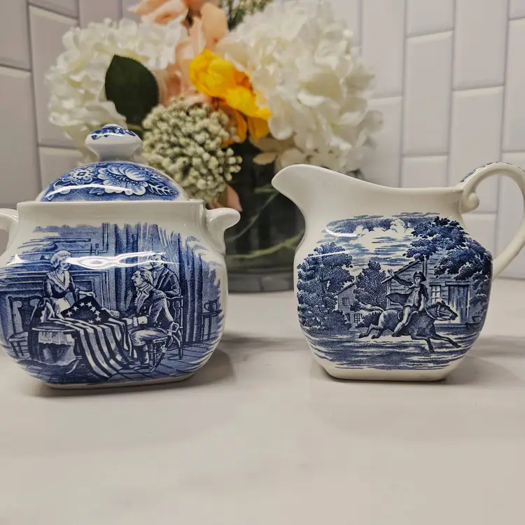 Liberty Blue Creamer & Sugar Bowl with Lid by Staffordshire