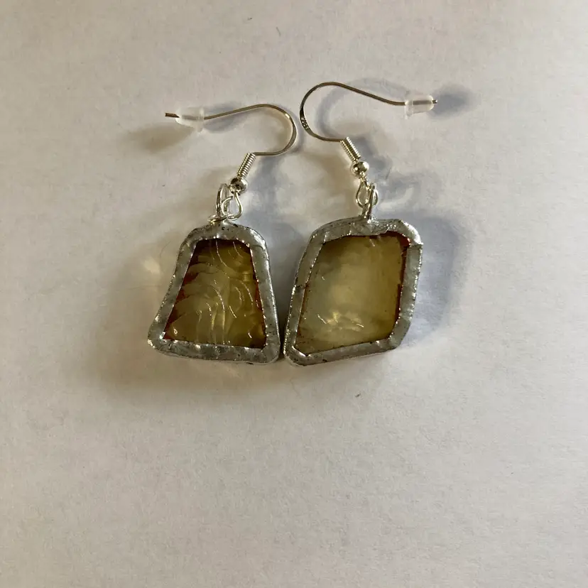 Artisan Made Dangle Earrings Yellow Depression Glass Plate Handcrafted Earrings