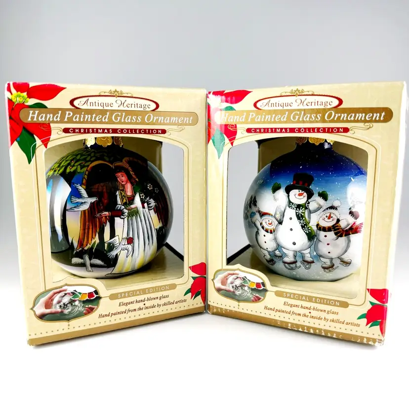 2 Antique Heritage Reverse Hand-Painted Glass, Angel & Snowmen Christmas Ball Ornaments
