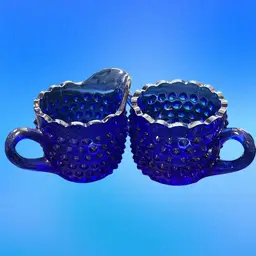 Vintage Hobnail L E Smith Cream And Two Handled Sugar Set Cobalt Blue, Cottage Core, Christmas, Glass