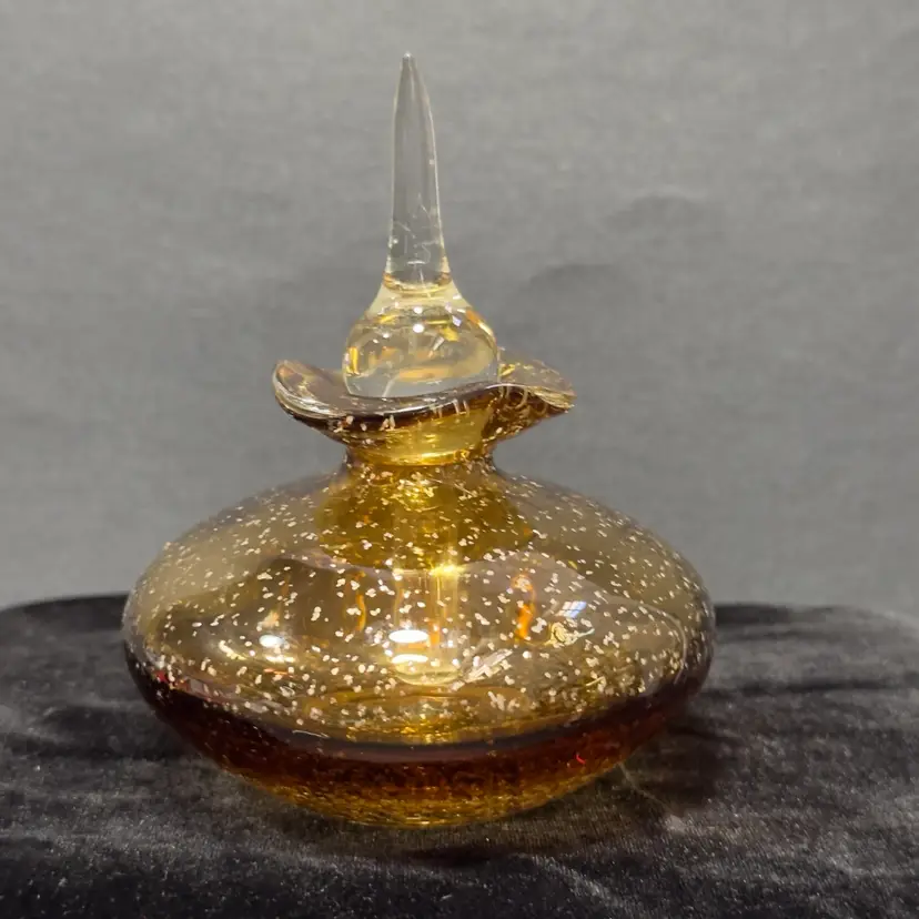 #1415 Vintage Art Glass Hand Blown Amber Sparkle Glitter Speckled Perfume Bottle With Clear Glass Stopper Dauber