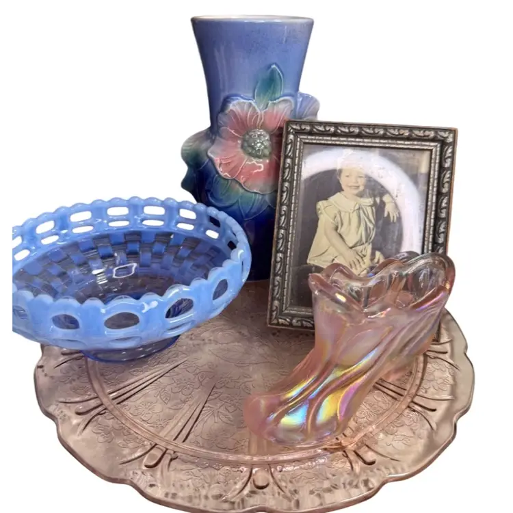 Pretty In Pink And Blue Vignette
Fenton Opalescent French Blue, Royal Copley Vase, Depression Glass Footed Trivet, Fenton Shoe, Antique Frame