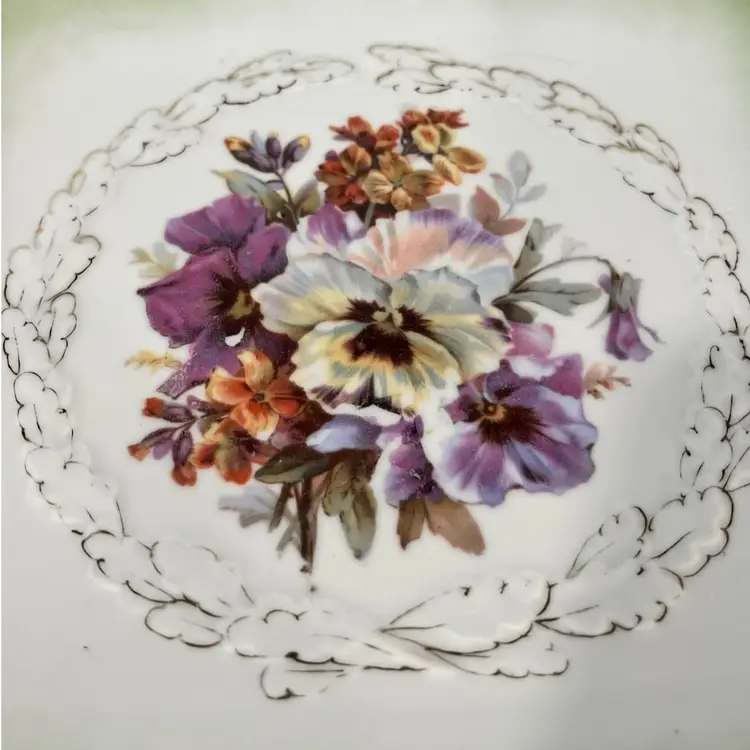 P. M. (Porzellanfabrik Moschendorf)-Bavaria- Square Porcelain Cake Plate- Handled- 10.25” x  9.5” Scalloped Edge Green Floral