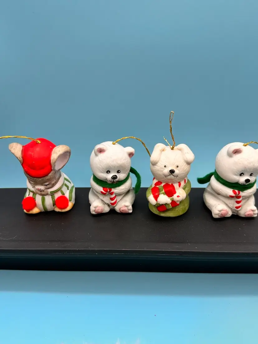 Set of 4 Chimers Handpainted, Fine Bisque Porcelain bears , Mouse, Dog Bell. 2.7 “
