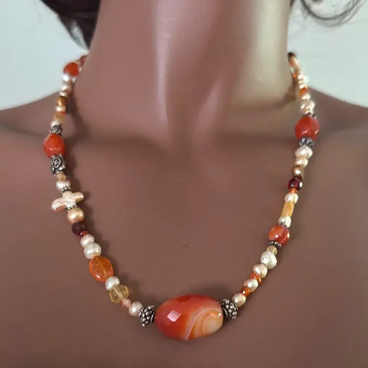 Handmade Artisan Sterling Silver Faceted Carnelian, Fresh Water Pearl,  24”Necklace