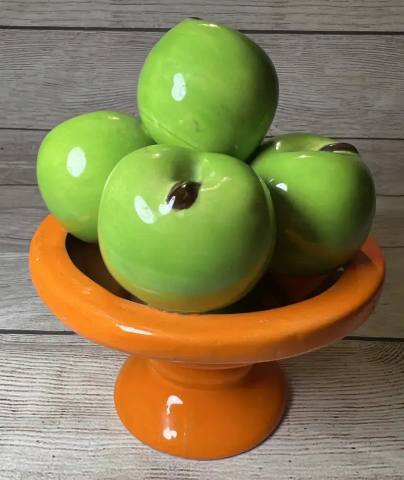 Vtg Ceramic Green Apples Orange Bowl Sculpture MCM 7x6” Modern