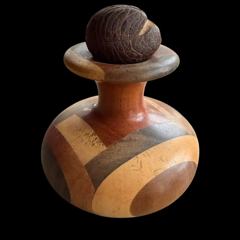Vintage Turned Wood Inlaid Pattern “decanter” With Seed Stopper