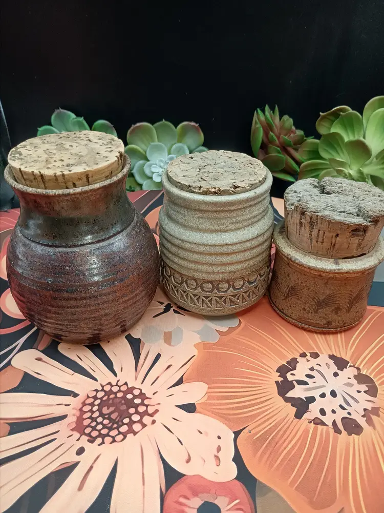 Three Signed Corked Studio Pottery Jars.