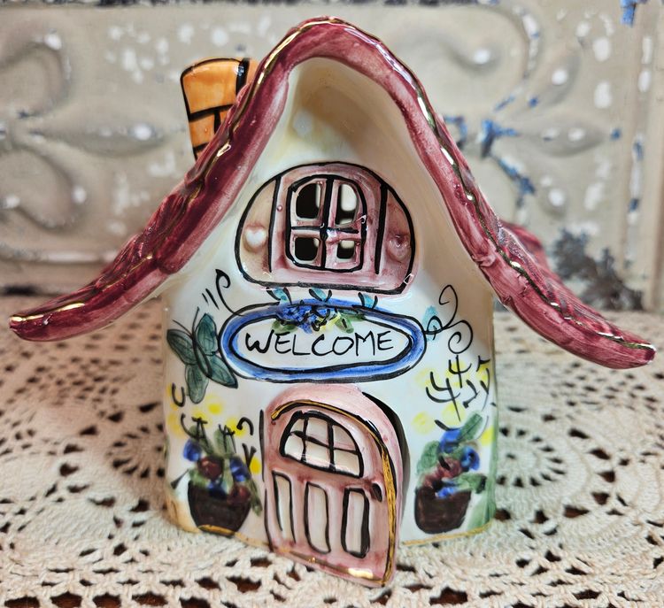 Signed Blue Sky Clayworks Welcome House w/ Open Door  & Chimney Candle Cover
