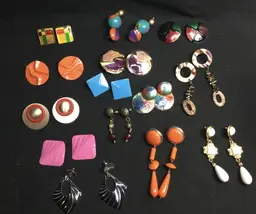 Earrings, lot of 14 pairs, pierced posts, 1960s, 1980s, boho, hippy