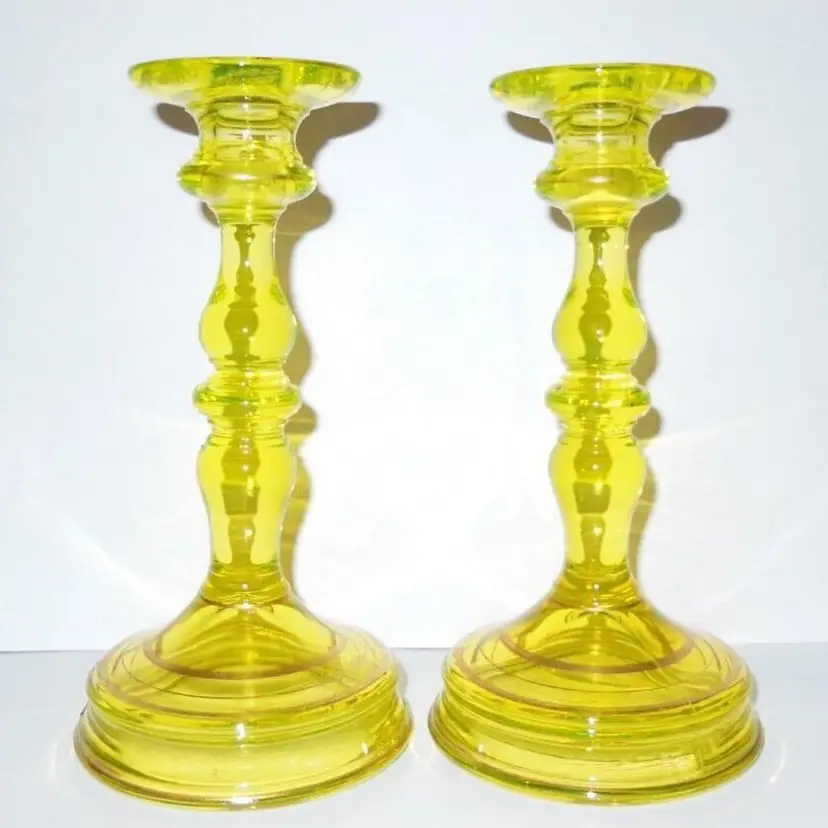 TIFFIN Canary Vaseline Glass #76 Candleholders,  RARE, GLOW Antique, Gold Decorated