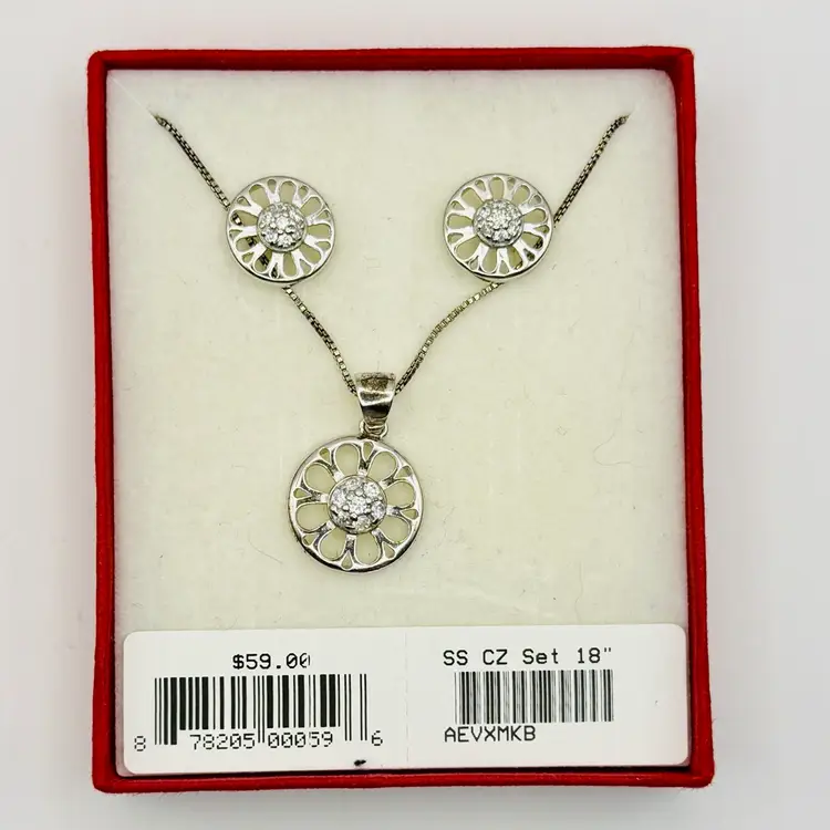 Sterling Silver CZ Necklace & Pierced Earrings Gift Set NOS