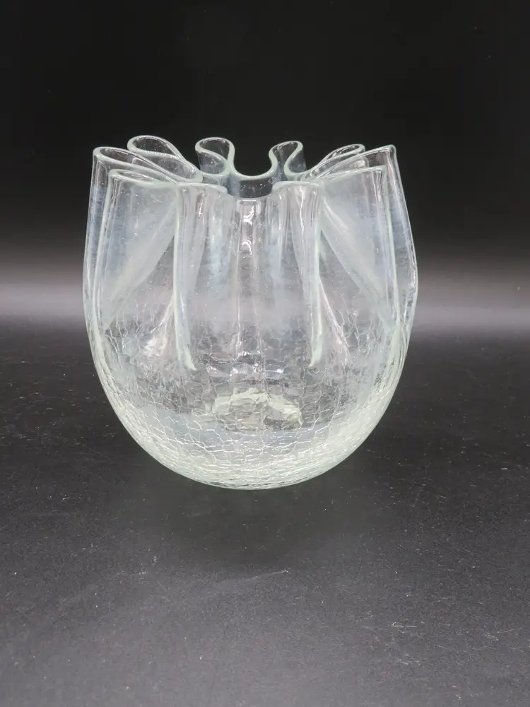 Vintage Clear Crackle Glass Rose Bowl Vase Pinched rim 5.25" tall