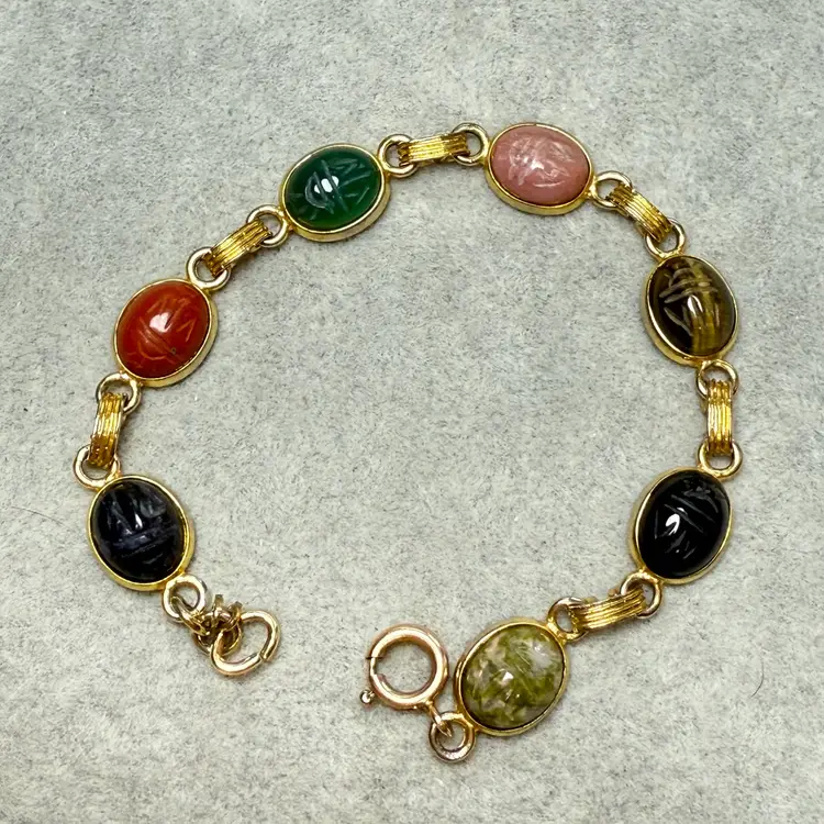 Vintage 7" Egyptian Revival Scarab Beetle Bracelet Semi Precious 14K Gold Filled