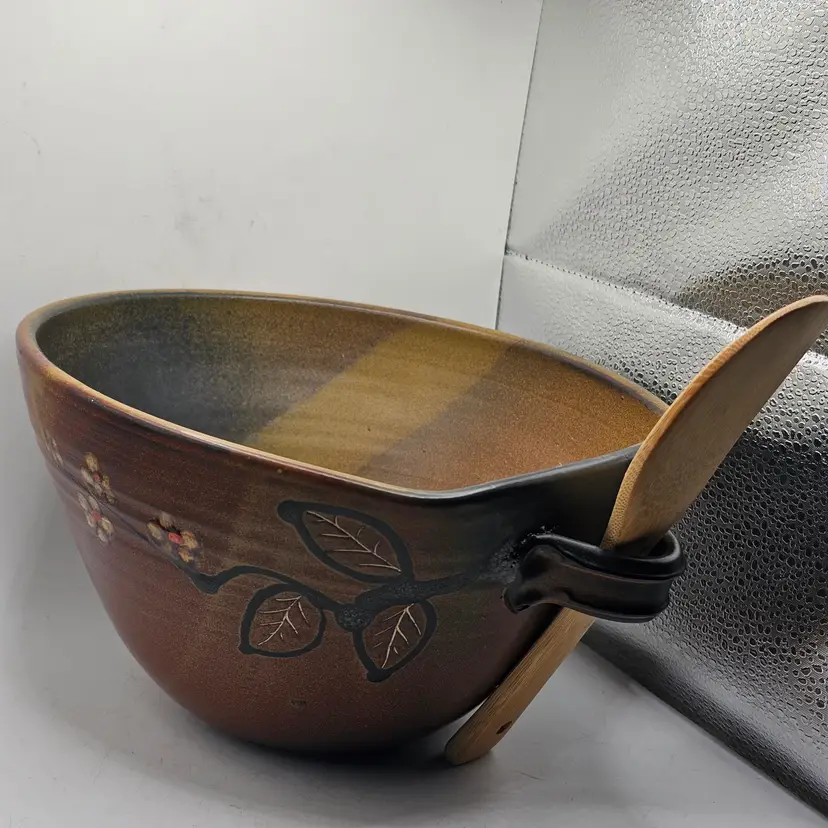 Studio Art Pottery Bowl Handpainted flowers mixing bowl with wooden spoon