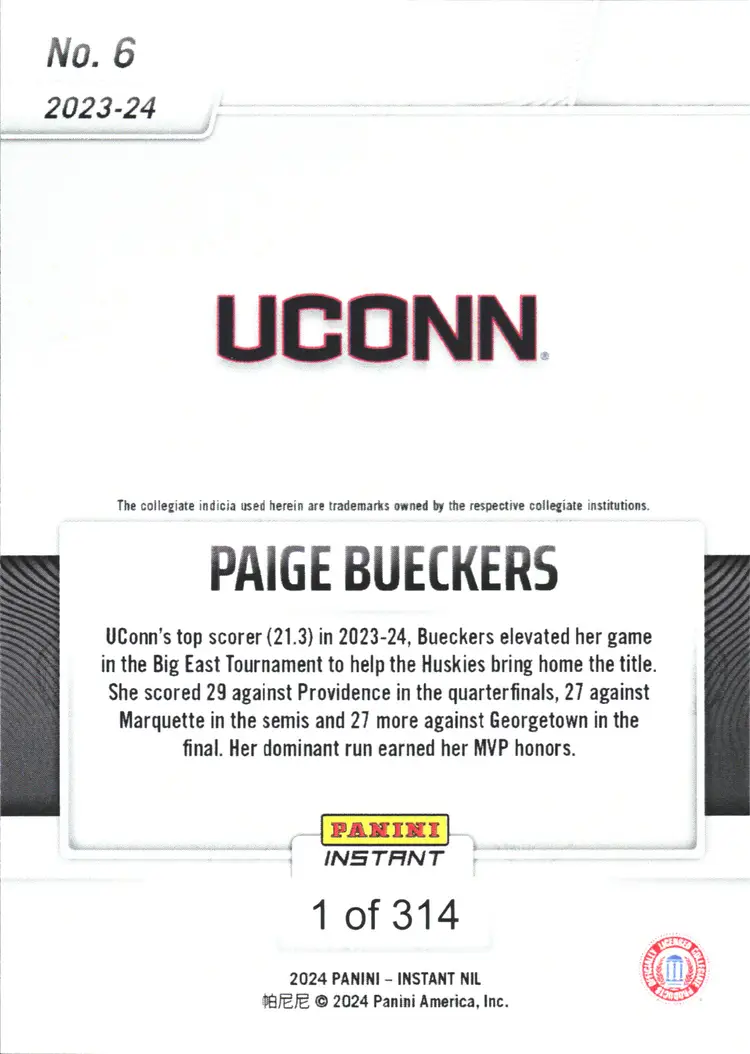 PAIGE BUECKERS Basketball Card - only 314 Made! Panini UCONN 2023 Team Set NIL