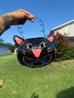 🎃Vintage Metal Smiley Black Cat Tea-Light Bucket🎃