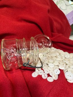 #10 ~ Antique (1930’s to 40’s)  Half Pint Ball Ideal Glass Top Canning Jar Filled With Vintage Work Shirt And Long Underwear Buttons