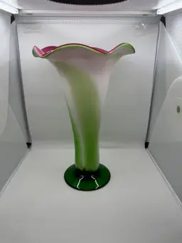 Green And Pink Vase, 12” Tall, 8” Wide At Top, Ships Alone