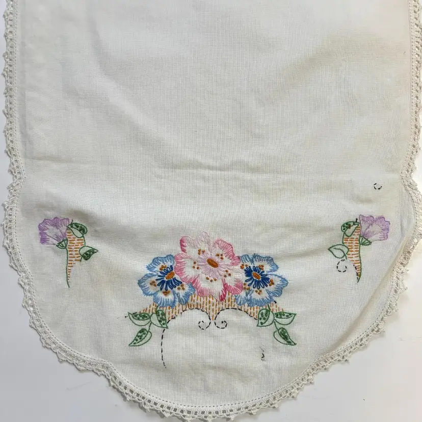 Embroidered Pink Blue Dresser Scarf Lace Edge Runner Vintage Cottagecore Shabby Décor