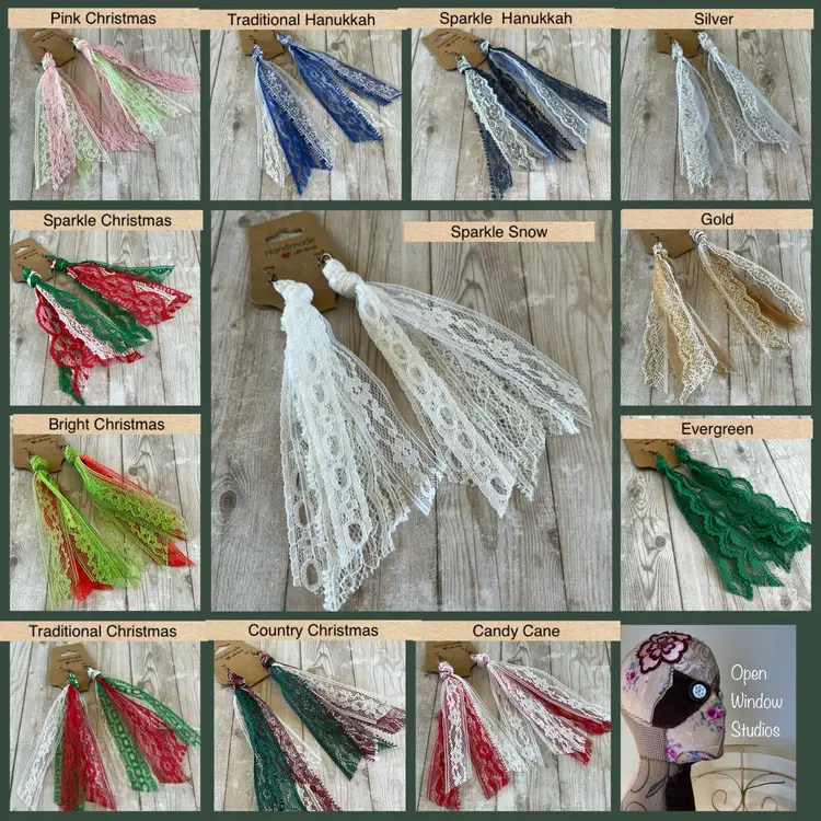 12 Piece Lace Tassel Earrings Winter Holiday Collection Wholesale Lot
Christmas and Hanukkah Handmade In The USA