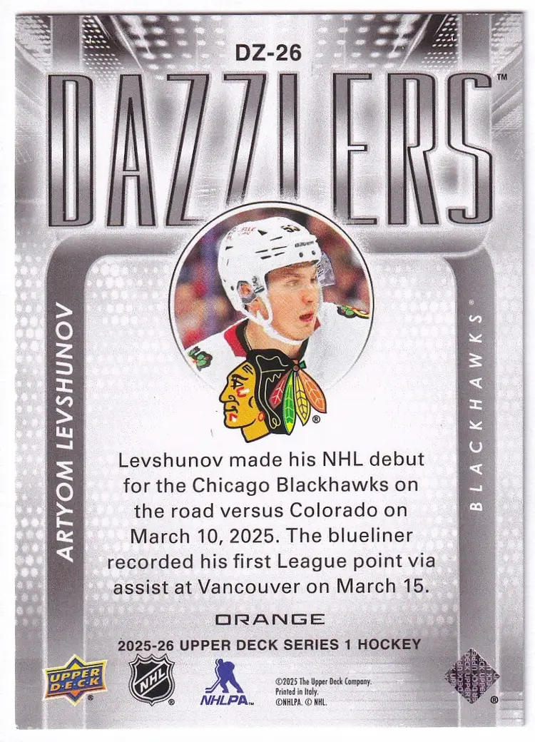 2025-26 Upper Deck Dazzlers Orange #DZ26 Artyom Levshunov Chicago Blackhawks Hockey Card
