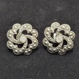 Earrings Edwardian Style Whirlwind Pierced Silver Tone Vintage Clear Rhinestone