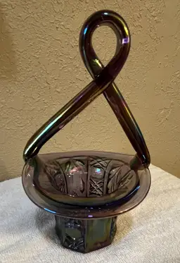 Vintage Fenton Purple Plum Iridescent Twisted Handle Basket 8" X 5"