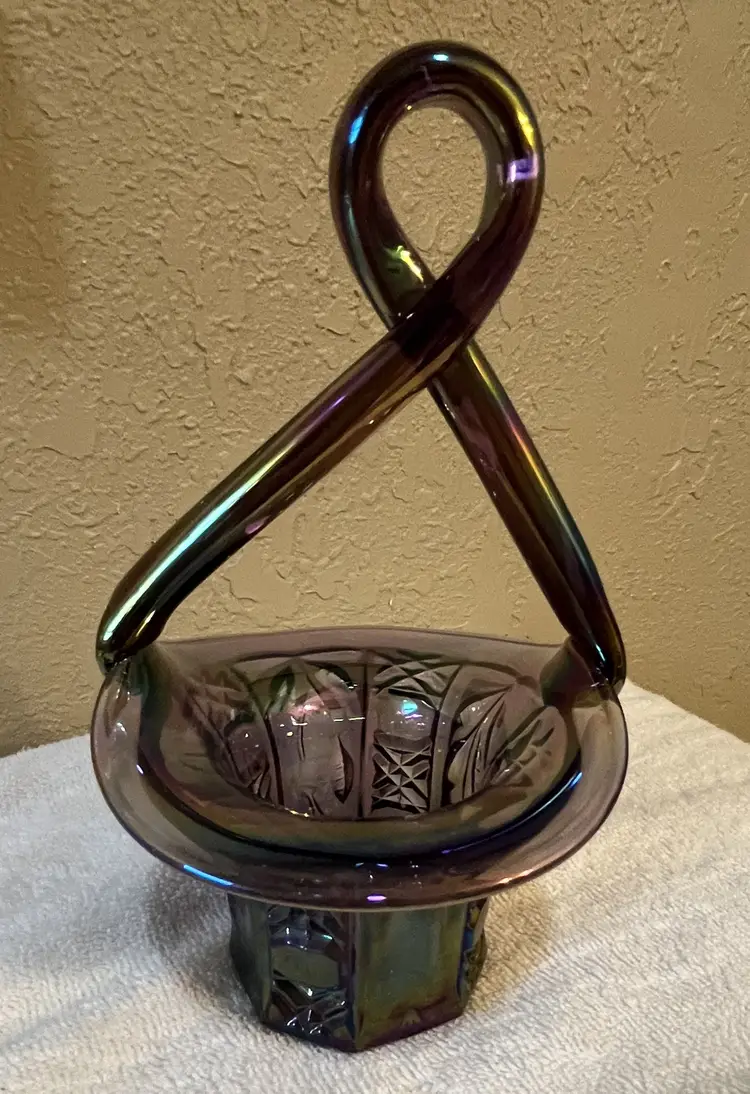 Vintage Fenton Purple Plum Iridescent Twisted Handle Basket 8" X 5"