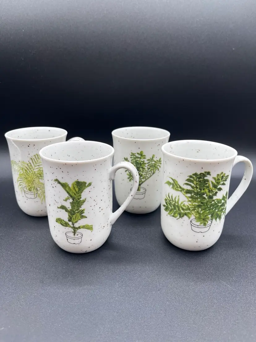 Set Of 4 Speckled Pottery Plant Information Mugs 🪴