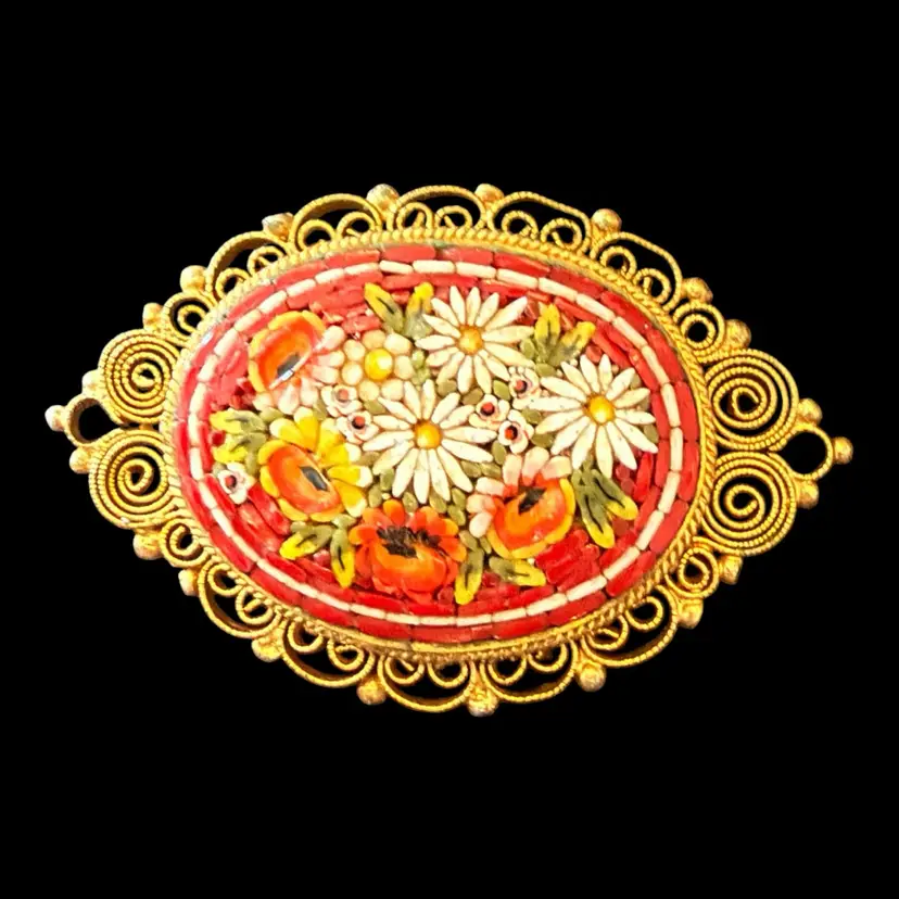 Fabbrico Angelo Pessar Signed FAP Micro Mosaic Floral Brooch Filagree Boarder 2β