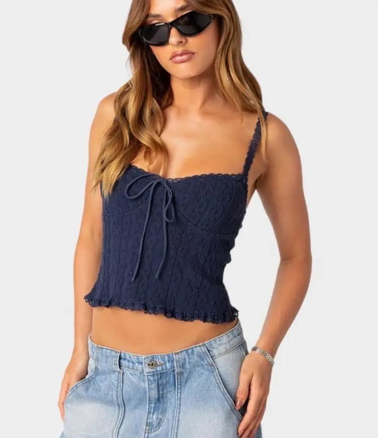 EDIKTED Lacey Blue Lace Sweetheart Mini Crop Cami Tank Small