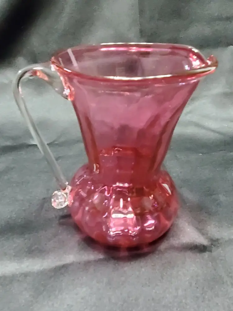 Vintage Pilgrim Glass Cranberry Pitcher W/ Applied Clear Handle