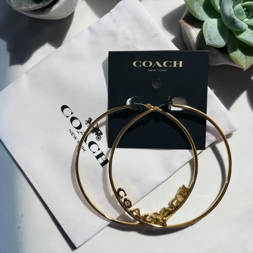 COACH Jennifer Lopez Collection Gold Tone XL 3” Hoop Earrings  Crystals - NWT - Dust Bag