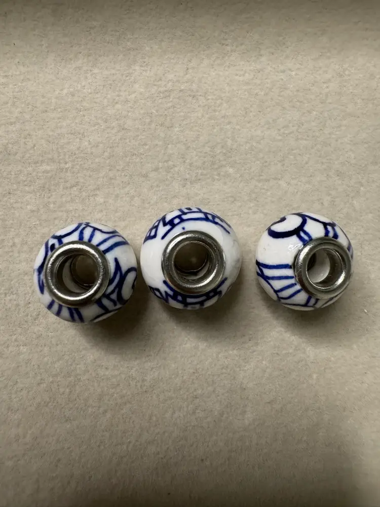 3 Delft Porcelain Ceramic Silver Tone Slider Bracelet Charms