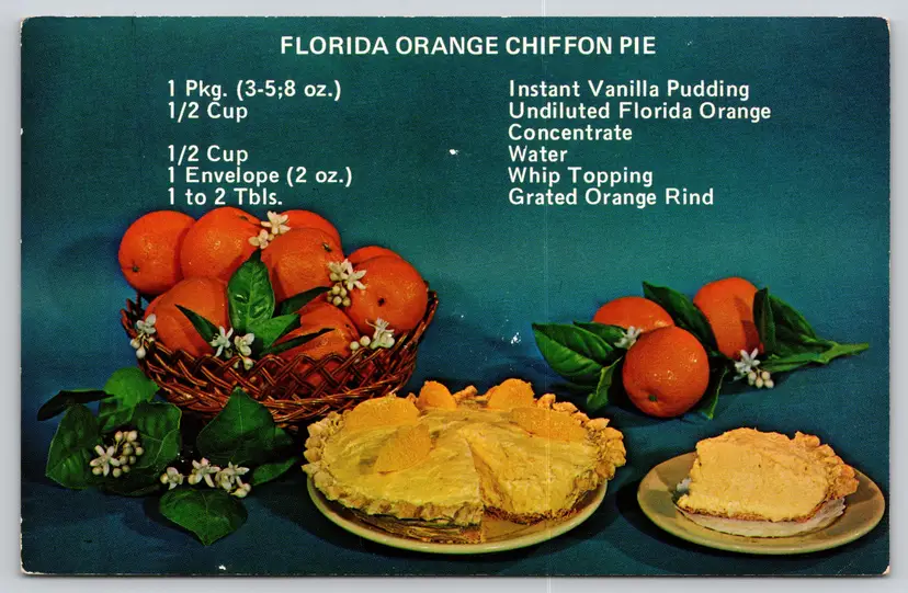 Postcard Florida Orange Chiffon Pie Recipe Baking Cooking Cuisine - 14740